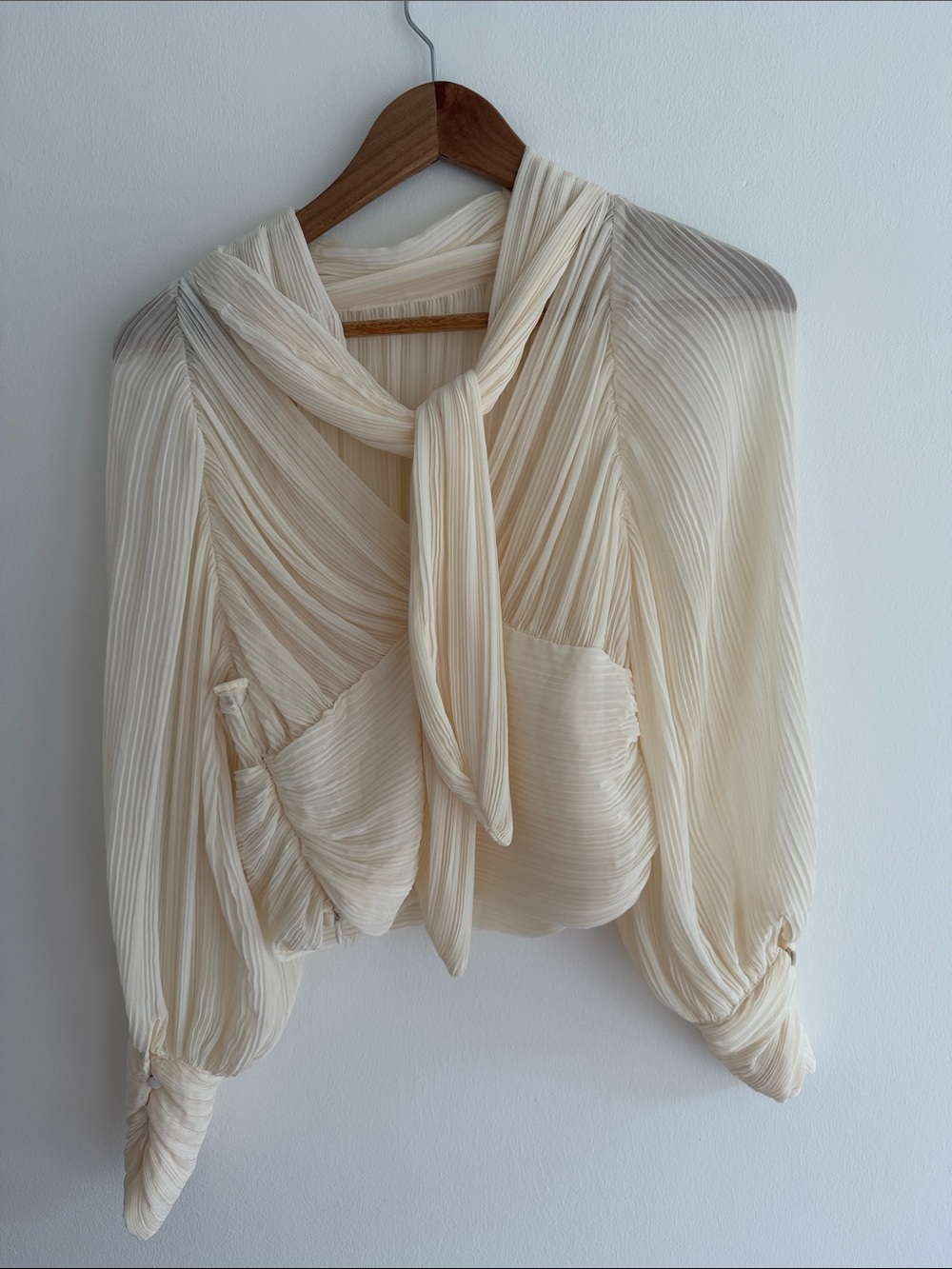 Zara Cream Pleated Tie-Detail Blouse